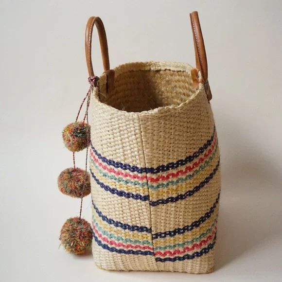 MAR Y SOL Caracas Striped Sisal/ Seagrass Pom Pom Market Tote - Picture 9 of 11